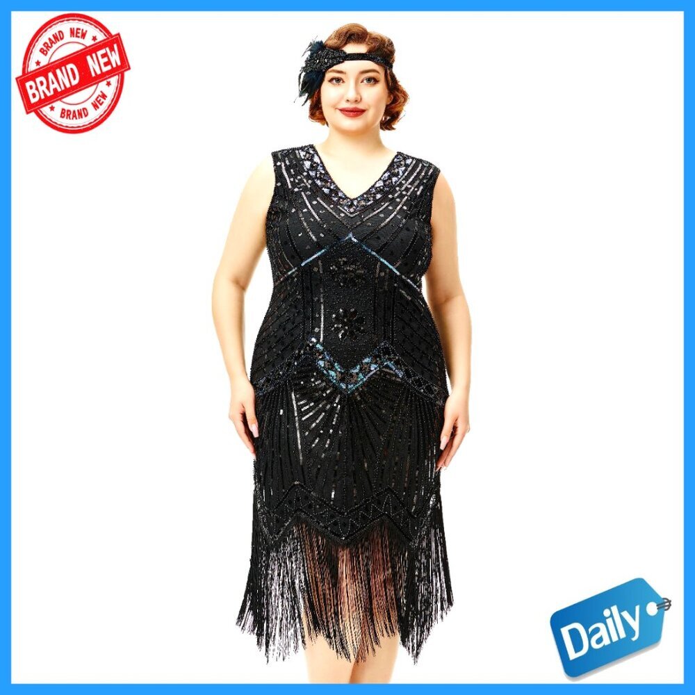 Plus Size Flapper Dress with Beaded Fringe, V Neck, 1920s Gatsby Theme